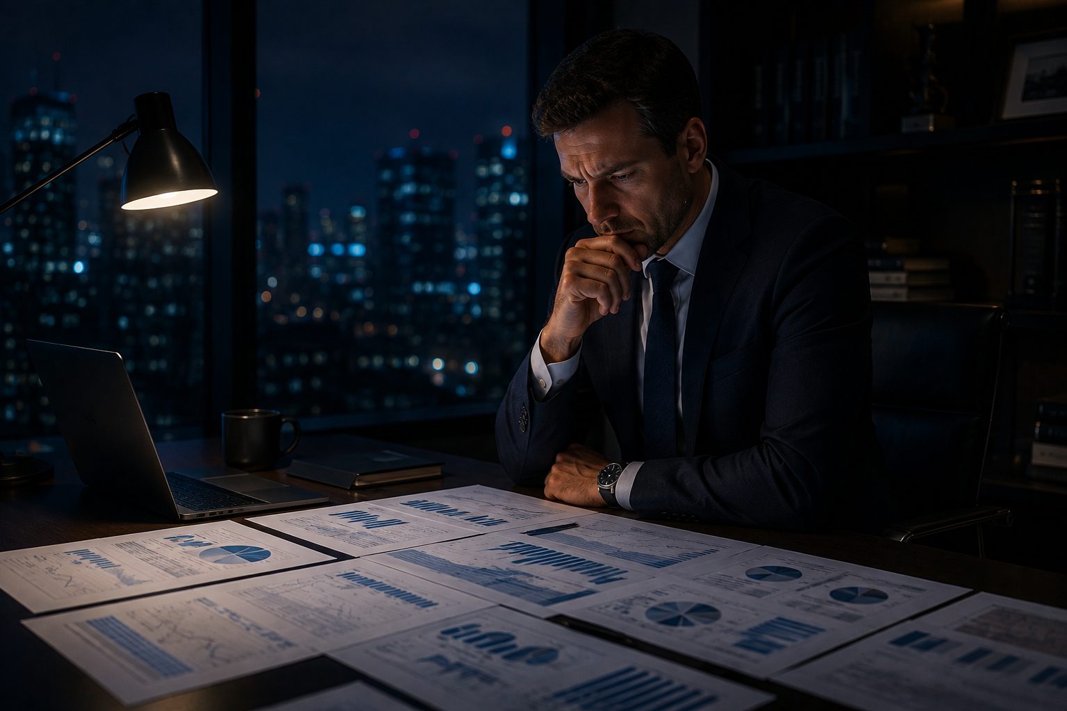Thoughtful businessman studies blue-and-white charts spread across a desk in a dark office at night.
