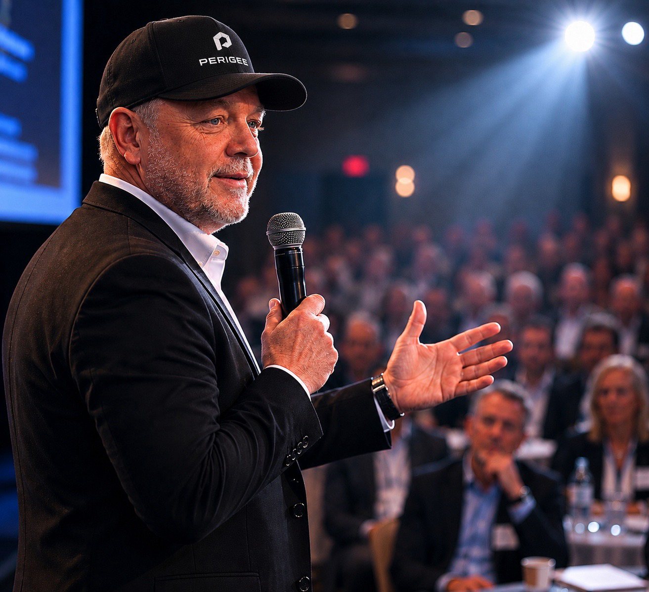 Speaker in a PERIGEE cap addresses a seated audience with a microphone under bright stage lights.